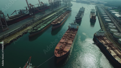 top view of fpso oil and lpg gas tank storage and ship transportation, marine, trading and logistic by water for chemical energy service business at cargo loading station at harbor