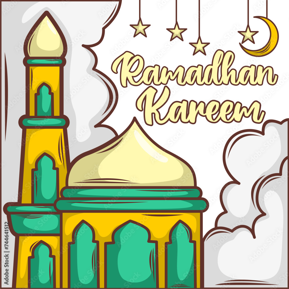 Obraz premium Ramadan mubarak banner flyer. Greeting card for traditional muslim holiday happy celebration. Islamic greeting poster. Vector illustration.
