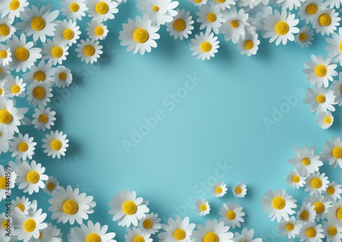 hello spring text on a blue background with yellow flowers or daisies. spring greeting card © Sabina Gahramanova