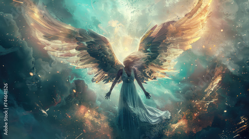 Marvelous woman angel with massive wings photo