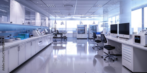 Modern science laboratory with cabinets, research desks, computers and other analytic equipments photo