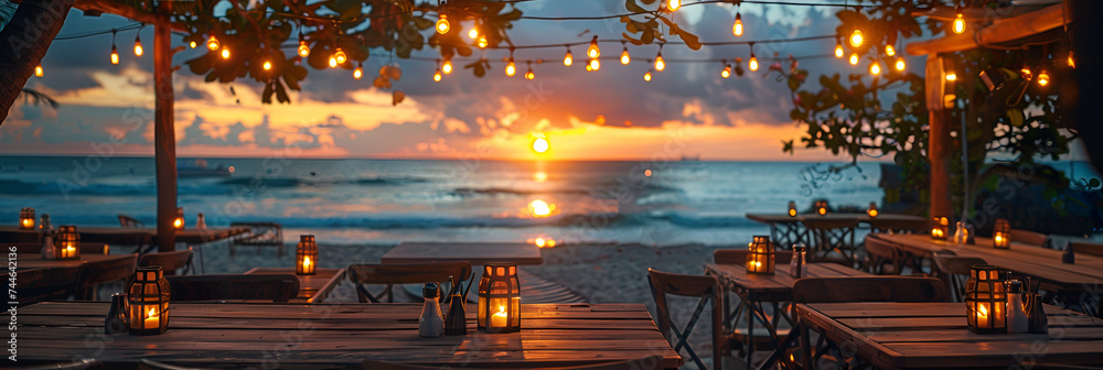 A charming image of a sophisticated alfresco dining experience on a serene beach enveloped with sunset background Ai Generative
