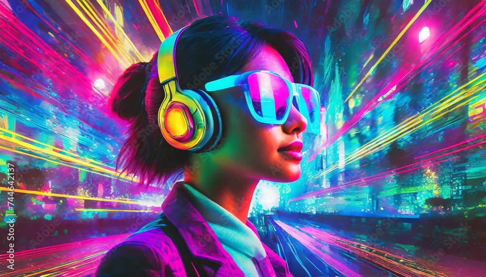 A person in front of the abstract background in neon colors A person in front of the abstract background in neon colors