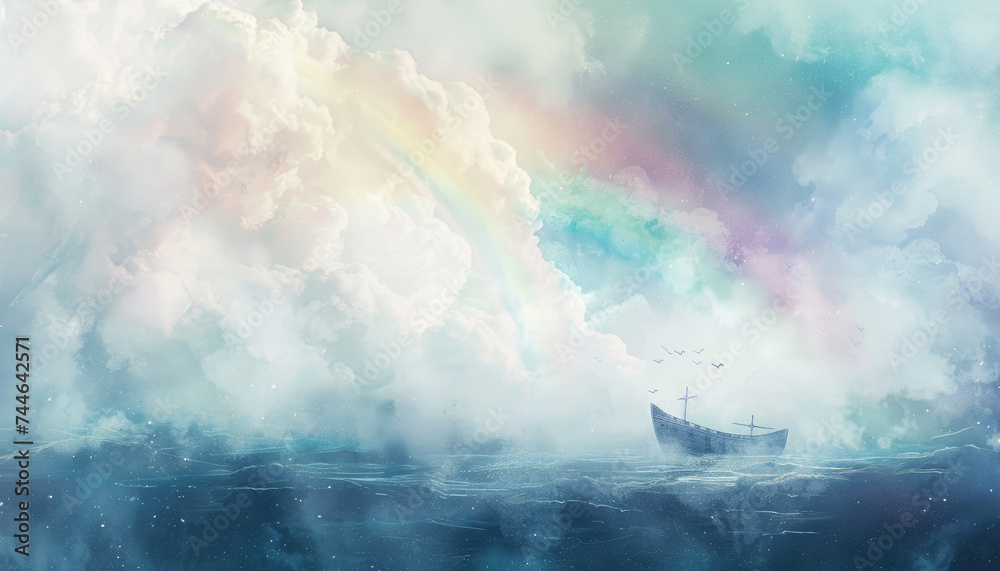 an illustration of a rainbow and noah ark - obrazy, fototapety, plakaty 