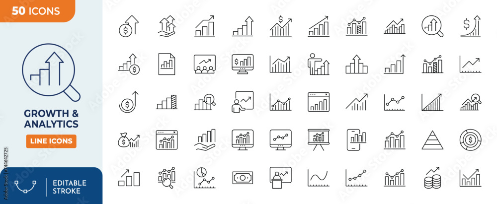 Growth & Analytics Line editable icons set.
