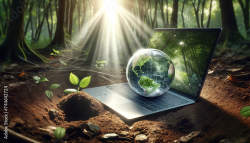 Conceptual image of an open laptop in a forest with a transparent globe on the screen  symbolizing global connectivity and environmental awareness.AI generated.