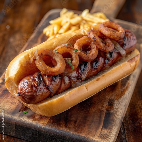 grilled sausage hotdog with fried onion rings  served on a wooden cutting board. generative ai © Tomislav