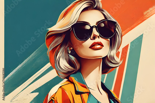 Futuristic pop art fashion girl in sunglasses. Poster or flyer in trendy retro colors. Vector illustration. Concept of design, fashion, vintage style. Fashion, pop art, retro summer travel poster