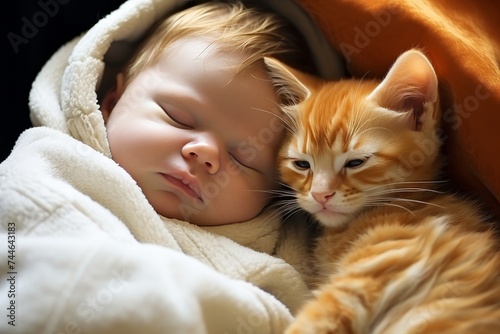 Sweet moment captured Adorable ginger kitten peacefully napping next to a peacefully sleeping baby on a cozy blanket in a warm and cozy room, showcasing the beauty of innocence and tranquility