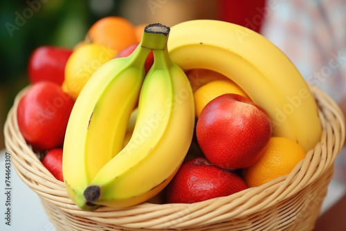 Fruit basket with bananas and apples.