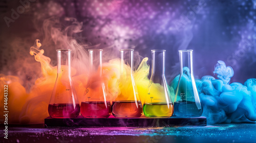 Vibrant chemical reactions in laboratory flasks for science and research. Ideal for educational content, science blogs, and laboratory websites