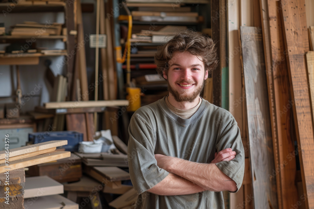portrait of smiling young woodworker standing in workshop with arms crossed