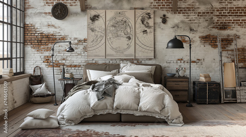 Loft Bedroom with Exposed Brick, Modern Art, and Trendy Industrial Accents
