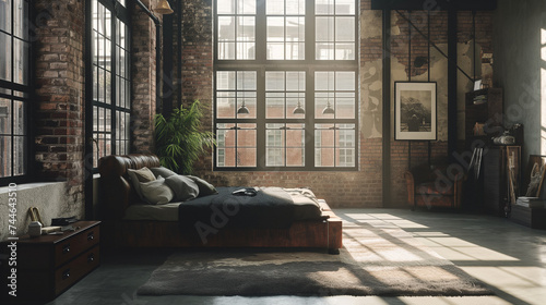 Urban Industrial Bedroom with Soft Textures and Eclectic Wall Art
