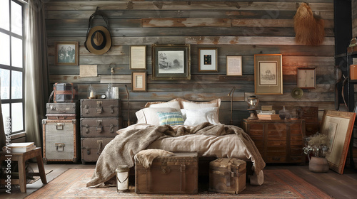 Rustic Country Bedroom with Exposed Beams and Vintage Decor
