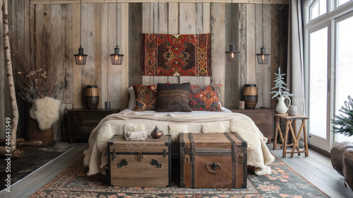 Cozy Rustic Cabin Bedroom with Plush Bedding and Nature-Inspired Decor
