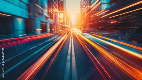Dynamic cityscape with motion blur of moving vehicles and vibrant light trails at sunset in an urban setting.