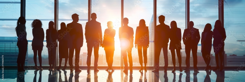 Silhouetted business team standing in a row against a bright window in ...