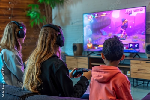 Two teenage girls with headset are playing video games in the living room accompanied by a boy