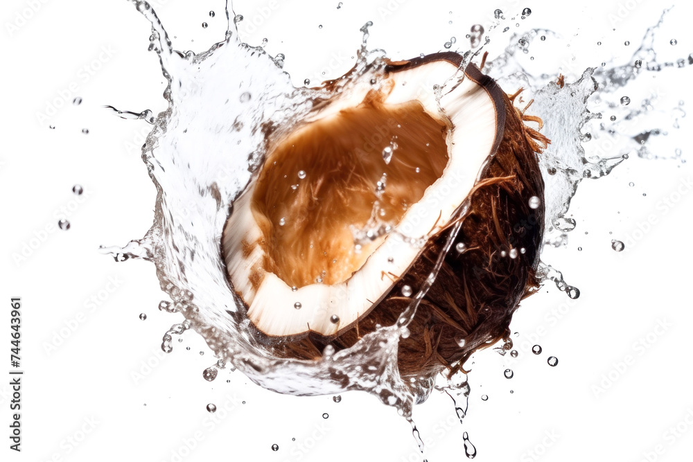 Fototapeta premium Dynamic splash around a halved coconut, capturing the essence of freshness