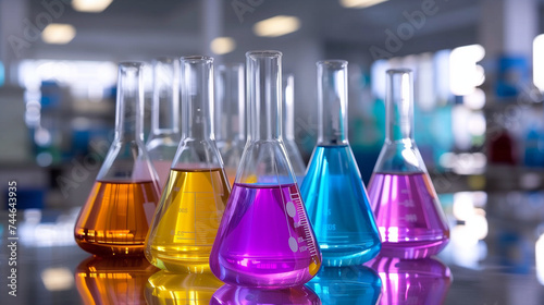 Colorful laboratory glassware on a reflective surface. Suitable for medical or scientific website background.