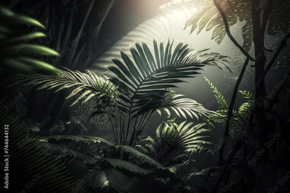 Beautiful fresh green background with jungle. Background with palm trees, fern,