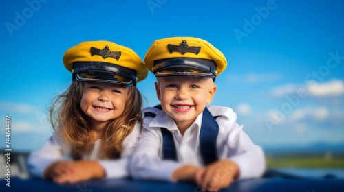 Boys and girls smile, are happy and dream of becoming captains and pilots. They wear hats and clothing like commercial pilots. There's a plane parked behind it. Child Airplane Pilot Concept.