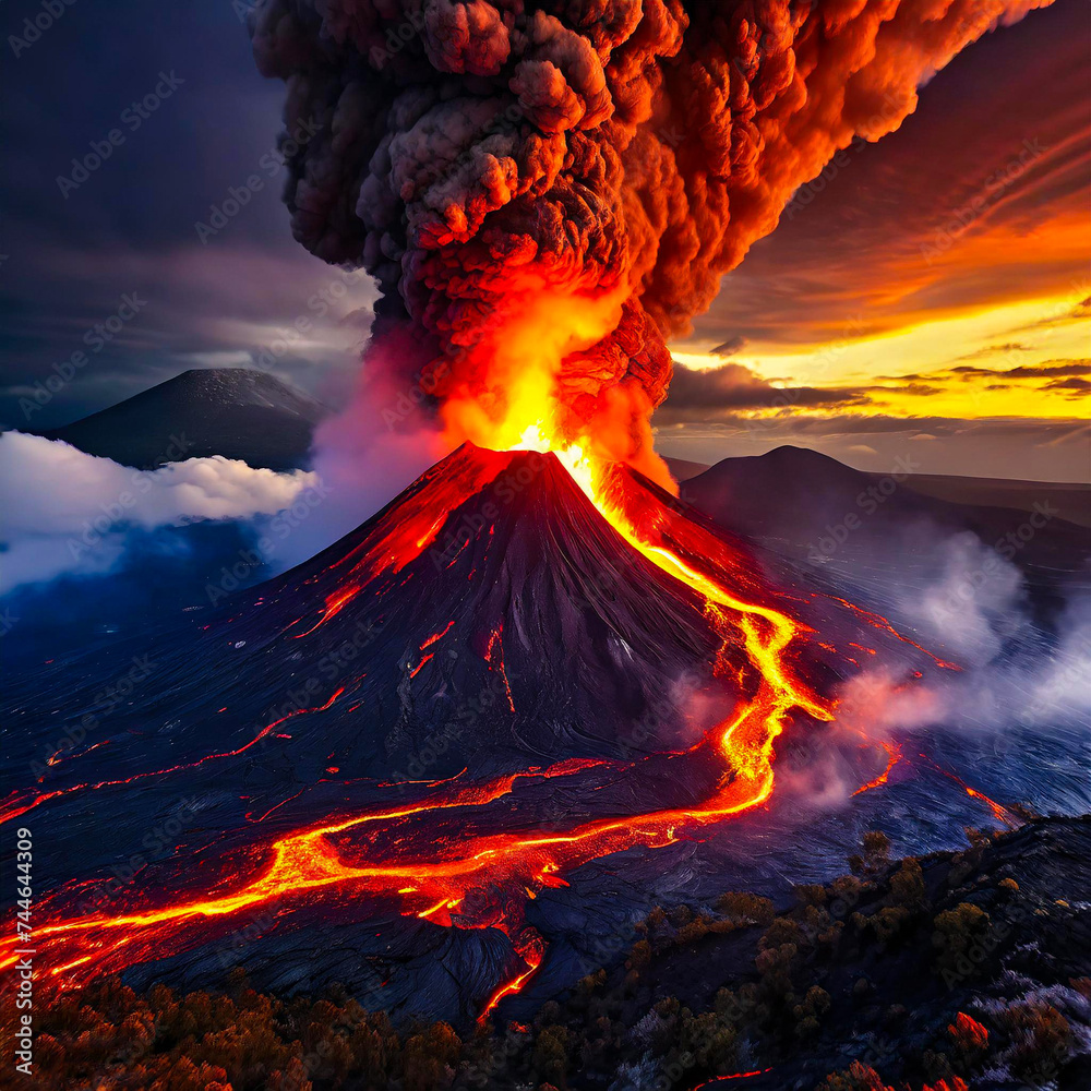 lava coming out of volcano, mountain.