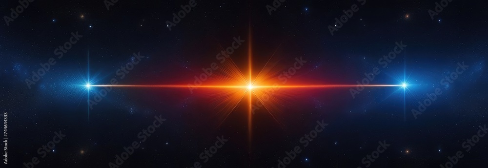 Bright glowing star in center of banner. Starry sky, cosmic background.