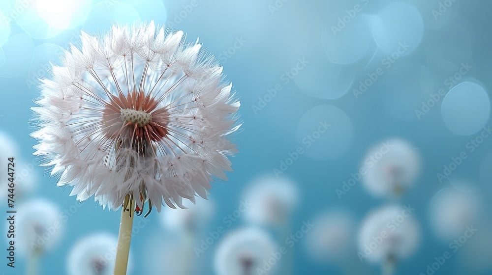 A macro dandelion with blue background. This is an expression of freedom to wish. Goodbye Summer. Hope and dreams concept. Fragility. Springtime. Soft focus. Macro nature image. - obrazy, fototapety, plakaty 