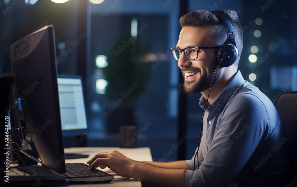 Operatore Call Center sorridente che lavora Operatore Call Center sorridente che lavora