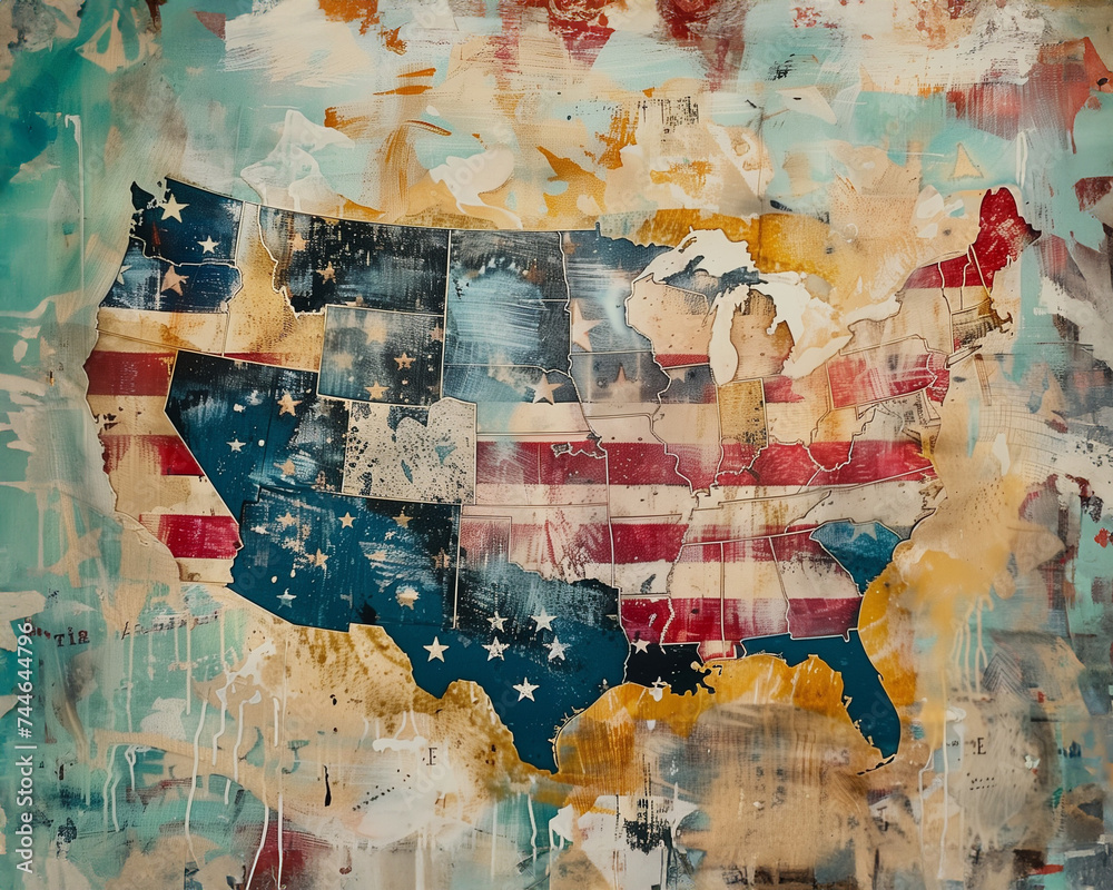 Fototapeta premium Map of USA: Stars, Stripes and grungy, vintage texture
