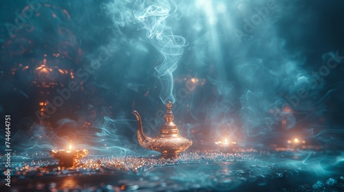 An elegant golden magic lamp with smoke on a blue background, representing fairy tales and wish fulfillment photo