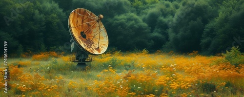 View of with large satellite dish in the field at grassland photo