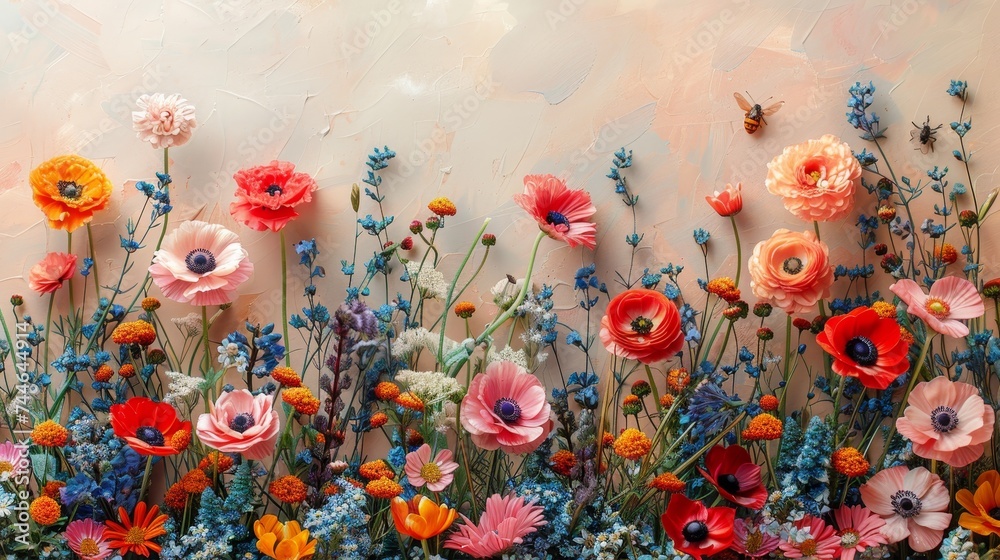An isolated meadow and garden with colorful flowers and insects - obrazy, fototapety, plakaty 