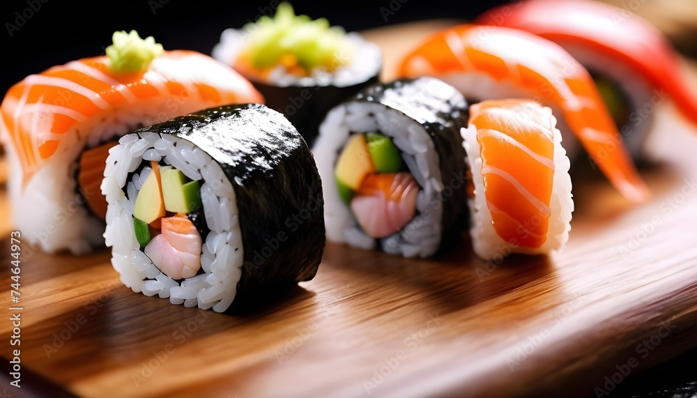 Some sushi pieces on a wood dish macro Some sushi pieces on a wood dish macro