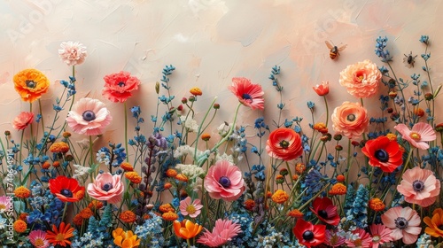 An isolated meadow and garden with colorful flowers and insects