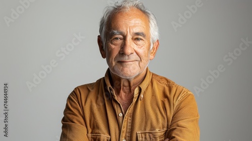 Standing portrait of a mature man smiling on a white background.