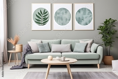Modern scandinavian living room interior with mock up poster frames, green sofa and coffee table. 3d rendering, 3d illustration © I