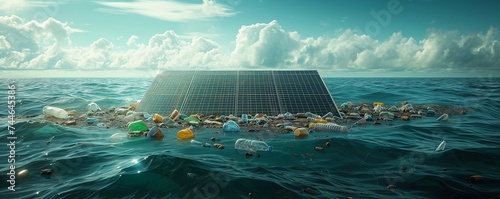 Old Solar cell and garbage floating in the middle of the sea