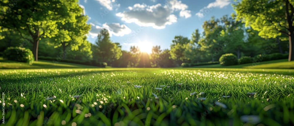 Stunning blurred nature background with trees and a neatly mowed lawn on a bright sunny day against a blue sky.
