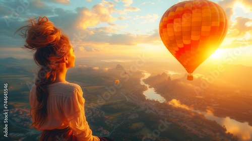 Woman with balloon enjoys the sunset 