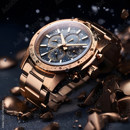 Luxury wristwatch on a dark background with confetti.