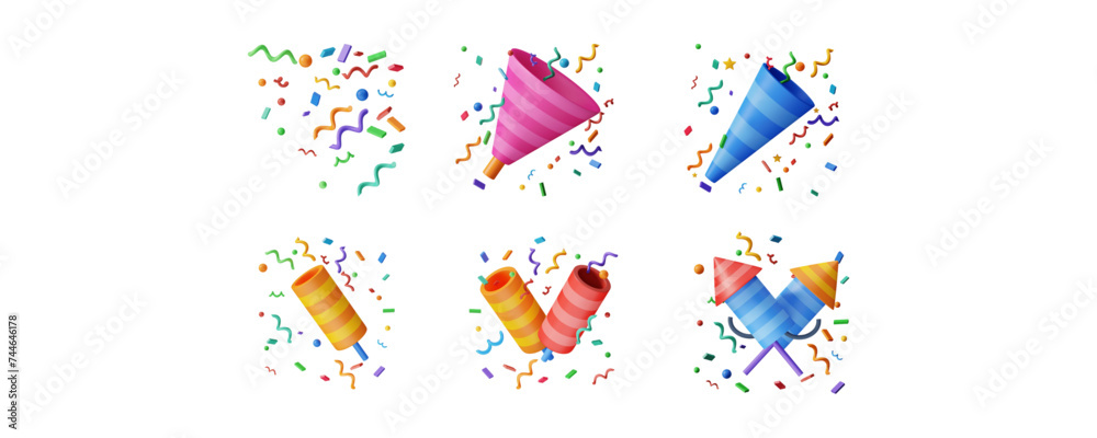 Confetti Trumpet 3d Icon collection - obrazy, fototapety, plakaty 