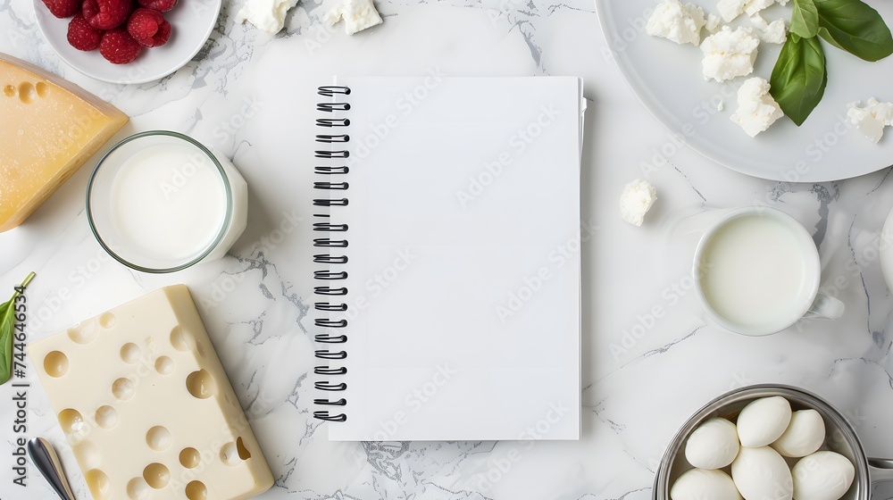 A notebook on a marble countertop surrounded by dairy products like yogurt and cheese, with a glass of milk, depicting calcium-rich foods. - obrazy, fototapety, plakaty 