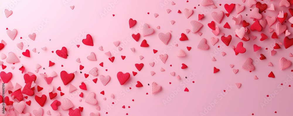 Illustration of Falling Stitched Paper Hearts Confetti on a Pink Background for a Surprising Valentine's Day