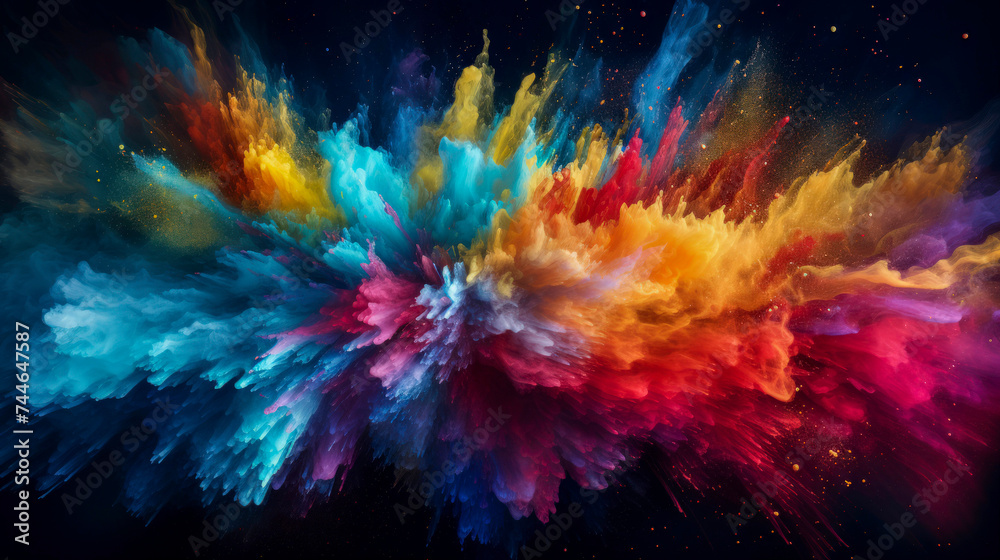Colorful vibrant rainbow Holi paint color powder explosion with bright colors isolated on dark background. Colorful cloud of smoke. Abstract colored background. Copy space.