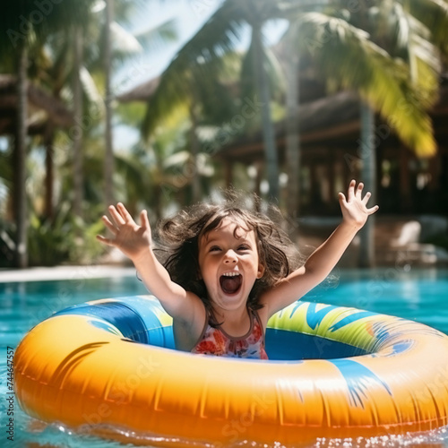 black overjoyed laughing smiling exited child in swimming pool floating on swimming ring, Little girl having fun on family summer vacation in tropical hotel resort, tourism, 