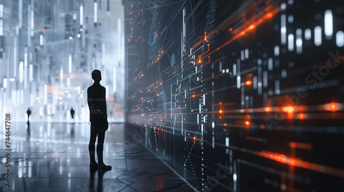 A solitary figure stands in a corridor of a futuristic data center, surrounded by glowing digital data streams and server racks.