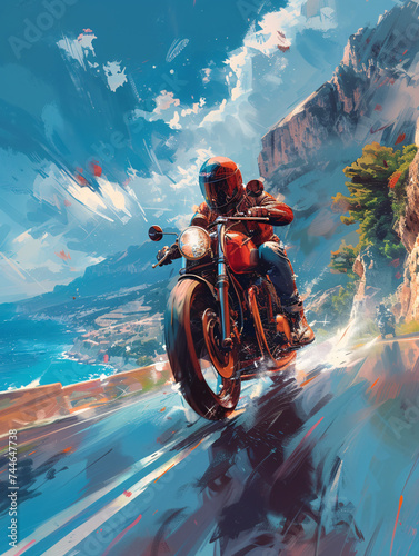 Illustration d'un pilote sur une belle moto sur une route